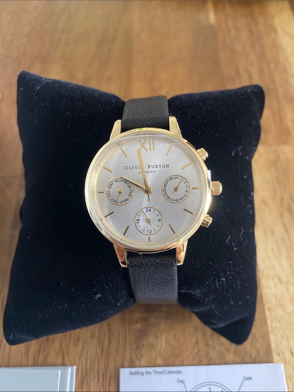 OLIVIA BURTON Black Leather Strap Chronograph Watch, pearl and gold, new in box
